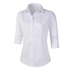 Beninos Women's 3/4 Sleeve Formal Work Wear White Button Down Shirt (226 White M)