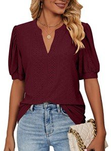 isermeo Women Casual V Neck Tops Short Puff Sleeve Shirts Sweet & Cute Loose Fit Summer Blouses WineRed XL