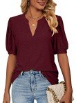 isermeo Women Casual V Neck Tops Short Puff Sleeve Shirts Sweet & Cute Loose Fit Summer Blouses WineRed XL