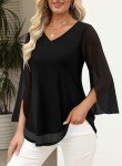 CHICZONE Tunic Dressy Tops Women Summer 3/4 Sleeve V Neck Shirt Double Layers Mesh Blouse Ladies Chiffon Loose Flowy Trendy Solid Ruffle Shirts Black Medium