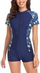 AUBIG Women's Zip-Up Short Sleeve Swim Suit