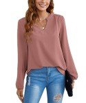 GOUCEHN Women Long Sleeve Shirts Casual V Neck Blouses Dressy Tunic Tops for Leggings (Pink, Large)