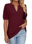 isermeo Women Casual V Neck Tops Short Puff Sleeve Shirts Sweet & Cute Loose Fit Summer Blouses WineRed XL
