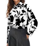 BETTE BOUTIK Women's Button Down Shirts Long Sleeve Printed Button Up V-Neck Casual Office Business Blouses Plain Tops（ FloSilhouette，Large ）