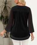 CHICZONE Tunic Dressy Tops Women Summer 3/4 Sleeve V Neck Shirt Double Layers Mesh Blouse Ladies Chiffon Loose Flowy Trendy Solid Ruffle Shirts Black Medium