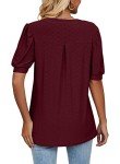 isermeo Women Casual V Neck Tops Short Puff Sleeve Shirts Sweet & Cute Loose Fit Summer Blouses WineRed XL
