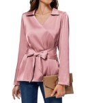 JASAMBAC Women's Silk Tie Waist Blouse Loose Dressy V-Neck Lapel Long Sleeve Pink Business Pullover Shirt S
