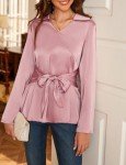 JASAMBAC Women's Silk Tie Waist Blouse Loose Dressy V-Neck Lapel Long Sleeve Pink Business Pullover Shirt S