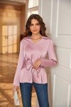 JASAMBAC Women's Silk Tie Waist Blouse Loose Dressy V-Neck Lapel Long Sleeve Pink Business Pullover Shirt S