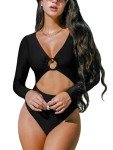 CUPSHE Women's Long Sleeve Cutout Swimsuit, Black