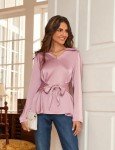 JASAMBAC Women's Silk Tie Waist Blouse Loose Dressy V-Neck Lapel Long Sleeve Pink Business Pullover Shirt S