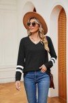 Famulily Women’s Casual V Neck Stripes T Shirt Ladies Baggy Color Block Long Sleeve Blouse Sweatshirt Tunic Tops(Black,XXL)