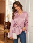 JASAMBAC Women's Silk Tie Waist Blouse Loose Dressy V-Neck Lapel Long Sleeve Pink Business Pullover Shirt S