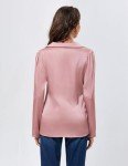 JASAMBAC Women's Silk Tie Waist Blouse Loose Dressy V-Neck Lapel Long Sleeve Pink Business Pullover Shirt S