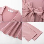 JASAMBAC Women's Silk Tie Waist Blouse Loose Dressy V-Neck Lapel Long Sleeve Pink Business Pullover Shirt S