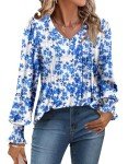 onlypuff Women's Puff Long Sleeve Tops Casual V Neck Pleated Shirts Fashion Blouses Dressy Hibiscus Blue