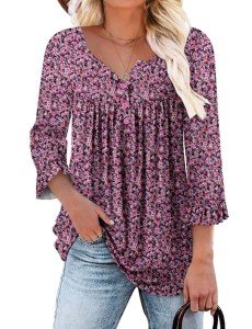 KISSMODA Womens Square Neck Casual Floral Blouses 3/4 Ruffle Sleeve Tunic Tops Button up Flowy Dressy Shirts 2024 Trendy PinkPurple Large