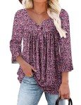 KISSMODA Womens Square Neck Casual Floral Blouses 3/4 Ruffle Sleeve Tunic Tops Button up Flowy Dressy Shirts 2024 Trendy PinkPurple Large