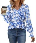 onlypuff Women's Puff Long Sleeve Tops Casual V Neck Pleated Shirts Fashion Blouses Dressy Hibiscus Blue