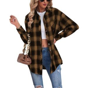Malarocoby Women's Plaid Shirt Checked Oversized Blouse Long Sleeve Shirt Elegant Shirt Tops Khaki