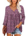 KISSMODA Womens Square Neck Casual Floral Blouses 3/4 Ruffle Sleeve Tunic Tops Button up Flowy Dressy Shirts 2024 Trendy PinkPurple Large