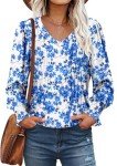 onlypuff Women's Puff Long Sleeve Tops Casual V Neck Pleated Shirts Fashion Blouses Dressy Hibiscus Blue
