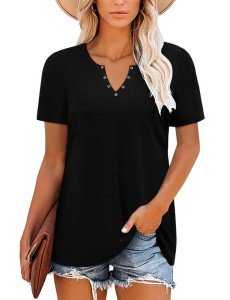 BETTE BOUTIK Solid Blouse Loose Short Sleeve Blouse for Women Casual V-Neck Blouses（Black，XX-Large）