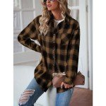 Malarocoby Women's Plaid Shirt Checked Oversized Blouse Long Sleeve Shirt Elegant Shirt Tops Khaki