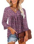 KISSMODA Womens Square Neck Casual Floral Blouses 3/4 Ruffle Sleeve Tunic Tops Button up Flowy Dressy Shirts 2024 Trendy PinkPurple Large