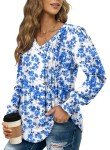 onlypuff Women's Puff Long Sleeve Tops Casual V Neck Pleated Shirts Fashion Blouses Dressy Hibiscus Blue