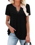 BETTE BOUTIK Solid Blouse Loose Short Sleeve Blouse for Women Casual V-Neck Blouses（Black，XX-Large）