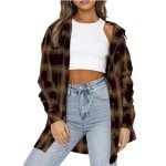 Malarocoby Women's Plaid Shirt Checked Oversized Blouse Long Sleeve Shirt Elegant Shirt Tops Khaki