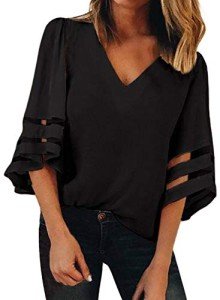 BLENCOT Women Casual 3 4 Sleeve Bell Sleeve Lace Patchwork Black Chiffon Blouse Shirt Casual Loose Tops Large