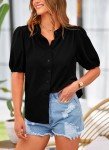 PRETTYGARDEN Women's Summer Button Down Shirts Short Lantern Sleeve V Neck Cotton Cute Dressy Casual Ladies Tops Blouses (Black,X-Large)