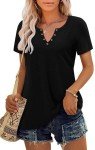 BETTE BOUTIK Solid Blouse Loose Short Sleeve Blouse for Women Casual V-Neck Blouses（Black，XX-Large）