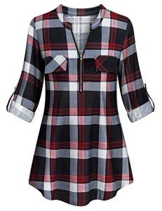 Tanst V Neck Tunics for Women Fashion Clothes Lightweight Apricot Tartan Print 3/4 Tab Sleeve Tunic Tops Stretchy Fabric Office Casual Loose Fit Flared Split Zipper Vneck Blouse Red Plaid L