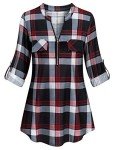 Tanst V Neck Tunics for Women Fashion Clothes Lightweight Apricot Tartan Print 3/4 Tab Sleeve Tunic Tops Stretchy Fabric Office Casual Loose Fit Flared Split Zipper Vneck Blouse Red Plaid L