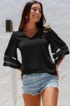 BLENCOT Women Casual 3 4 Sleeve Bell Sleeve Lace Patchwork Black Chiffon Blouse Shirt Casual Loose Tops Large