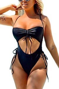 Black Ruched High Leg Cut-Out Monokini for Women