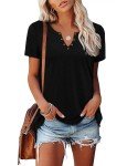 BETTE BOUTIK Solid Blouse Loose Short Sleeve Blouse for Women Casual V-Neck Blouses（Black，XX-Large）