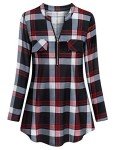 Tanst V Neck Tunics for Women Fashion Clothes Lightweight Apricot Tartan Print 3/4 Tab Sleeve Tunic Tops Stretchy Fabric Office Casual Loose Fit Flared Split Zipper Vneck Blouse Red Plaid L