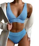 Joyhas Women's Light Blue Ribbed V Neck Bikini