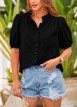 PRETTYGARDEN Women's Summer Button Down Shirts Short Lantern Sleeve V Neck Cotton Cute Dressy Casual Ladies Tops Blouses (Black,X-Large)