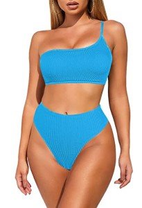 Sky Blue One Shoulder High Waisted Bikini Set