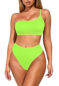 Light Green One Shoulder High Waisted Bikini Set