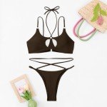 Brown V Neck Knot Front Bikini Set for Women