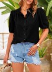 PRETTYGARDEN Women's Summer Button Down Shirts Short Lantern Sleeve V Neck Cotton Cute Dressy Casual Ladies Tops Blouses (Black,X-Large)