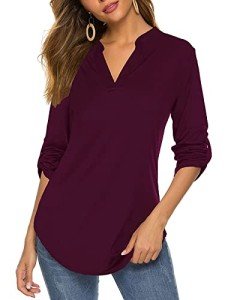 RANPHEE 3/4 Sleeve Shirts for Women Fall Deep Purple V Neck Dressy Casual Henley Tunic Tops Loose Fall Work Blouses XL
