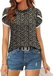 BETTE BOUTIK Women's Shirts Tops Blouses for Women Summer Crewneck Lace Crochet Short Sleeve Floral Print Loose Tunic Tops Earth Black L