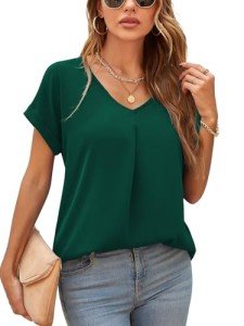 YOPP Work Blouse for Women Summer Casual V Neck Short Sleeve Shirts Loose Elegant Chiffon Tops,Dark Green,XL